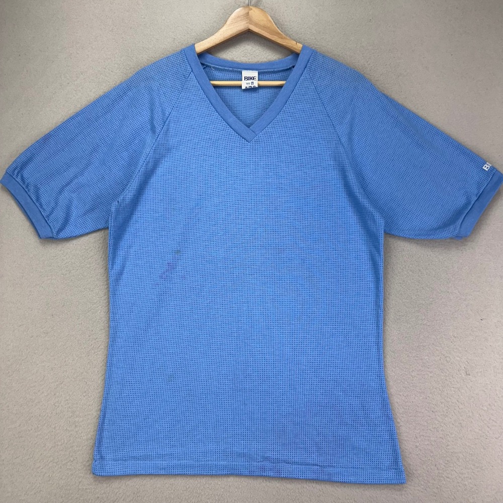 Vintage 80s BIKE Jersey T-Shirt Mens Large Blue Mesh‎ V-Neck Short Sleeve USA
